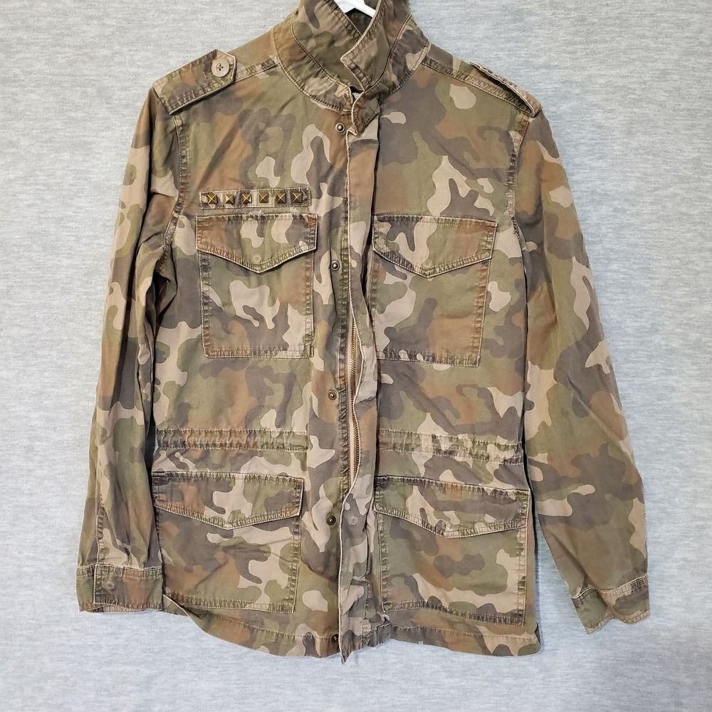 Mudd Shacket Womens Medium Brown Camo Military Denim Shirt Jacket